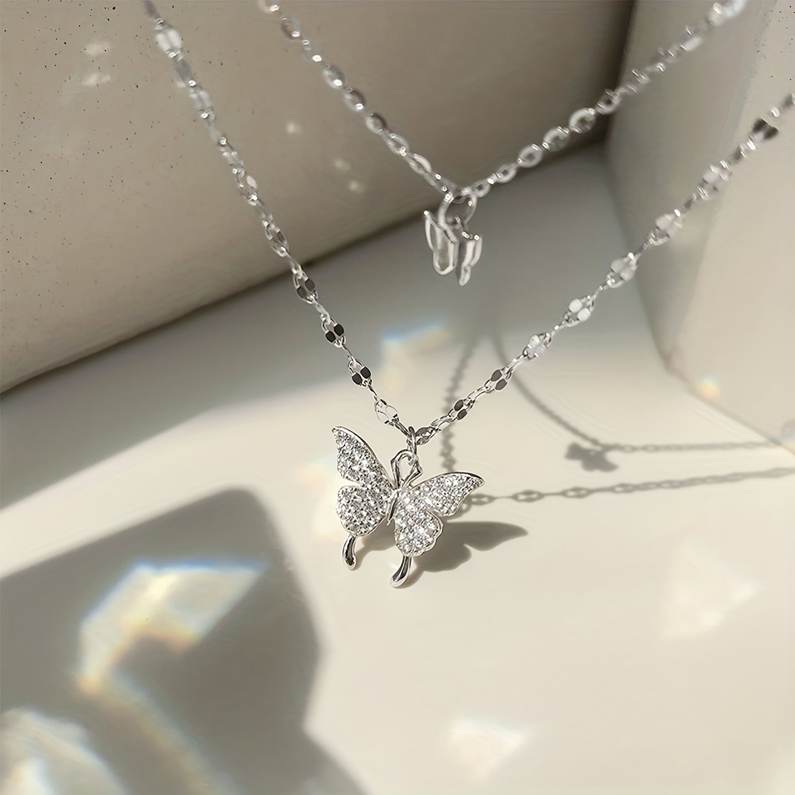 Silvery Y2K Double Layer Necklace Butterfly Sparkling Party Date Gift Daily