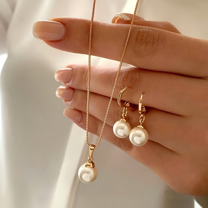 Faux Pearl Elegant Jewelry Matching Necklace, Earrings 2pcs for Women Perfect