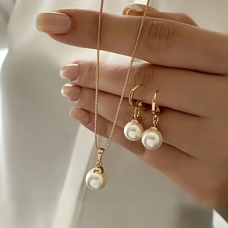 Golden Tone Pearl Necklace And Earrings Jewelry Set 1 Set Elegant Easy Fashion